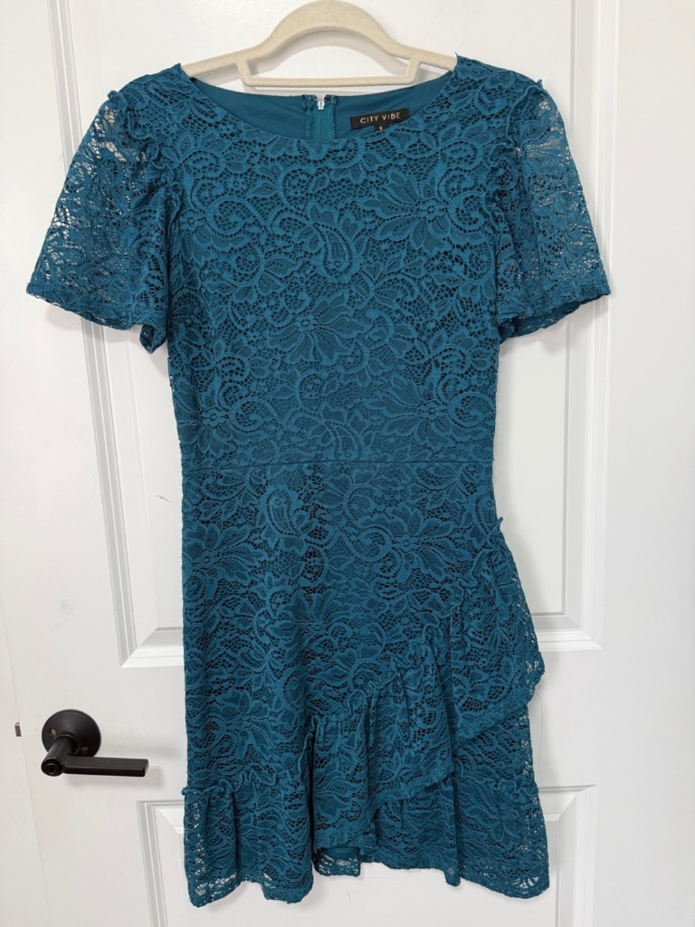 City Vibe Junior teal short sleeve sheath floral lace knee Length Dress size 5